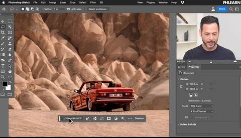 Screenshot of Photoshop with a red vintage car composited into a desert landscape during editing.