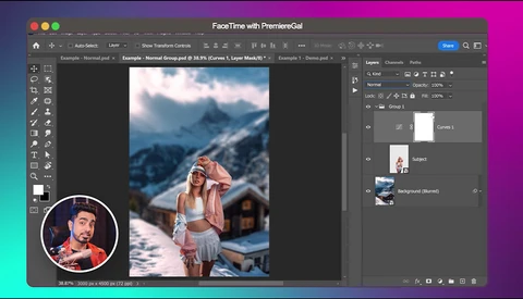 Screenshot of photo editing software showing a portrait of a woman in winter clothing against a snowy mountain landscape.