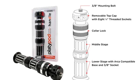 Illustration of a modular photography light modifier with component breakdown showing mounting bolt, removable top cap, collar lock, middle stage, and base.