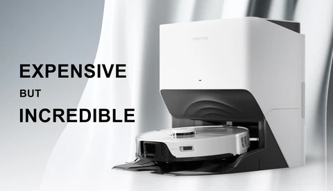 White and black robotic device with motorized tray extended, displayed against white curtain backdrop with contrasting text overlay.