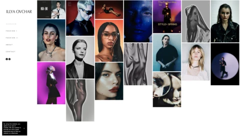 Portfolio grid layout displaying portrait photography in varied lighting and color treatments.