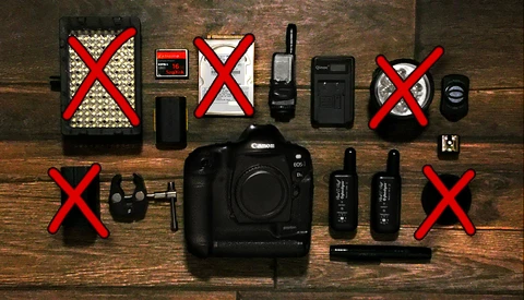 Canon DSLR camera body surrounded by marked-off photography accessories on wooden surface.
