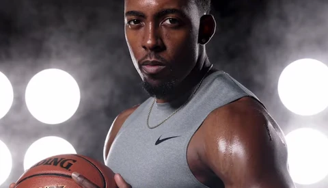 Athletic man in sleeveless gray shirt holding basketball against dark background with dramatic lighting.