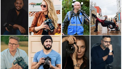 Grid of eight photographers holding various professional cameras and equipment.