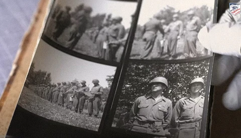 Collection of black and white vintage photographs showing military personnel in uniform formations.