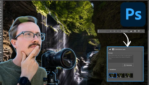 Screenshot of Adobe Photoshop with Generative Layer panel open beside a photographer holding a camera.