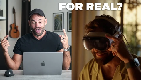 Split-screen meme showing enthusiastic man at laptop on left, person wearing VR headset on right.