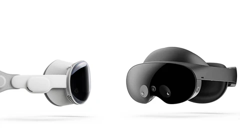 Illustration comparing two VR headsets: a white device with a controller on the left and a dark gray headset on the right.