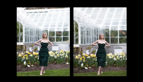 Side-by-side comparison of portrait editing: woman in black dress standing before greenhouse and spring flowers.
