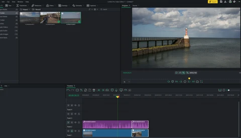 Screenshot of video editing software with seascape photograph and timeline showing color correction adjustments.