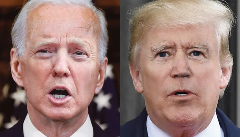 Side-by-side portrait comparison of two men in formal attire with red ties against neutral backgrounds.