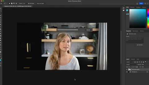Screenshot of Adobe Photoshop showing a portrait of a woman in a modern kitchen setting.