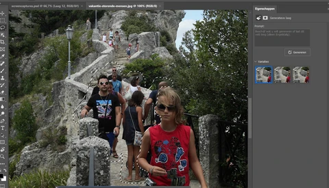 Group of tourists walking on stone steps built into a rocky hillside with vegetation.