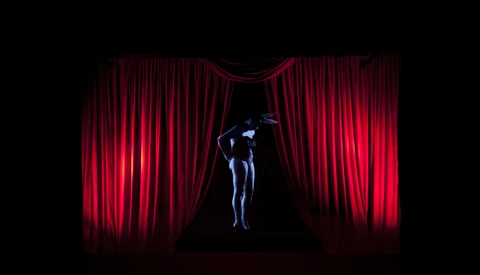 Silhouetted figure standing on stage between dramatic red velvet curtains lit from behind.