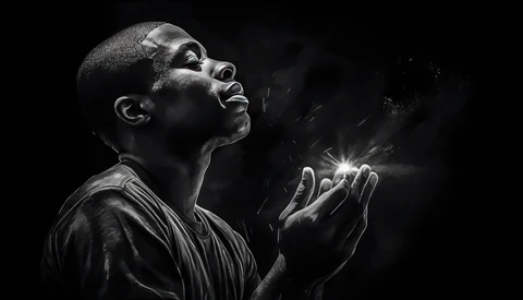 Man with head tilted back and hands raised in prayer or supplication against dark background.