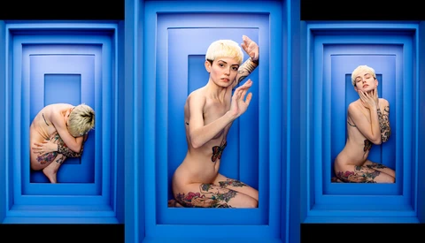 Three figures posed within nested blue rectangular frames, displaying creative portraiture and spatial composition.