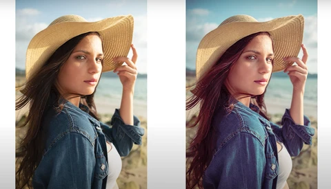 Woman in denim shirt and straw hat at beach, shown in original and color-graded versions.