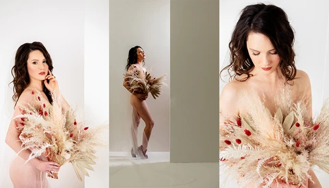 Woman in blush gown holding dried pampas grass, shown in three compositional variations against neutral backdrops.