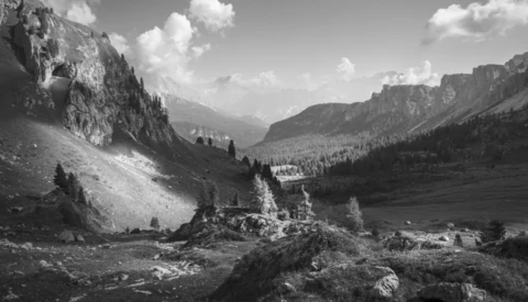 Alpine valley framed by steep rocky cliffs and forested slopes under cloudy sky.