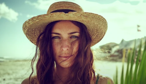 Woman wearing a straw hat looking directly at camera outdoors.