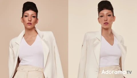 Side-by-side comparison of a woman in cream blazer and white V-neck top against neutral backdrops.