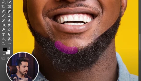 Screenshot of photo editing software showing a close-up portrait with selective color adjustments on the beard area.