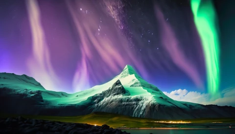 Snow-capped mountain peak silhouetted against vibrant purple and green aurora borealis dancing across the night sky.
