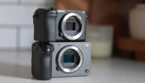 Two Sony Alpha mirrorless camera bodies stacked vertically, showing their sensor areas and lens mounts.