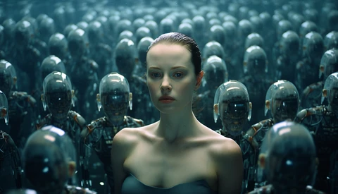 Woman with pale skin surrounded by dozens of helmeted robotic figures in a symmetrical composition.