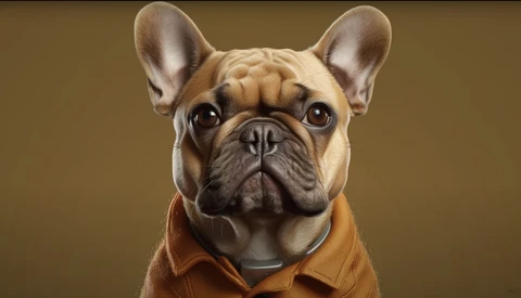 Fawn French Bulldog wearing tan jacket, looking directly at camera against warm brown background.
