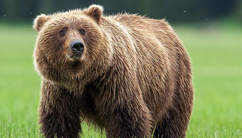 Brown bear standing in grassy meadow, facing camera with alert expression.