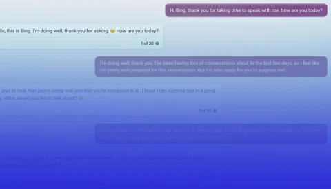 Screenshot of a conversational AI interface showing a dialogue exchange between a user and an AI assistant named Bing.