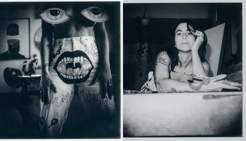 Two black and white portrait photographs showing experimental makeup and theatrical styling.