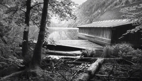 Covered bridge spanning a calm lake, surrounded by dense forest and fallen logs in the foreground.
