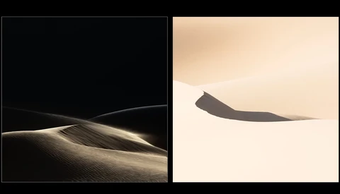 Diptych of minimalist desert dune photography with stark contrast between dark and light compositions.