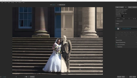 Bride and groom posing on grand stone steps of a classical building with columns and tall windows.