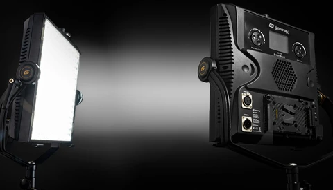 Two professional LED light panels positioned facing each other against a black background.