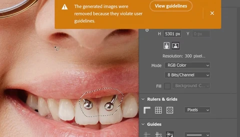 Screenshot of image editing software showing a close-up portrait with measurement tools and ruler guides overlaid.