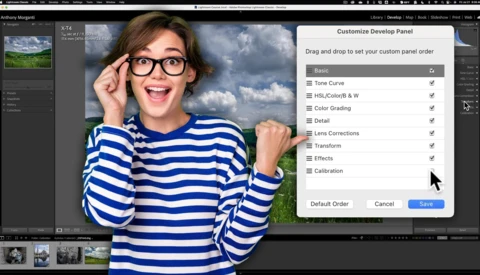 Screenshot of Adobe Lightroom's Develop panel customization dialog with a portrait of a smiling person in striped clothing.