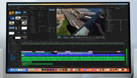 Screenshot of video editing software with aerial footage of a waterway and industrial area in the center canvas.