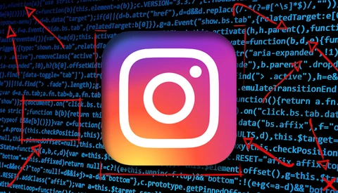 Instagram logo overlaid on computer code and programming text.