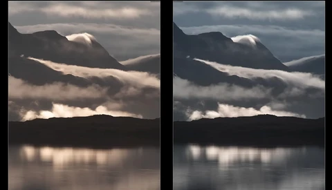 Side-by-side comparison of mountain landscape with fog and water reflection, showing different color grading treatments.