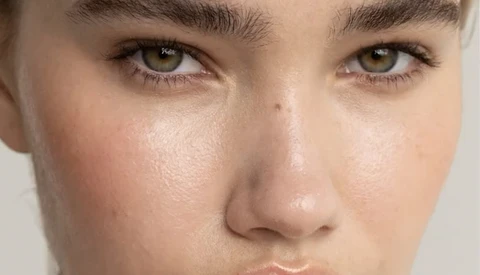 Close-up portrait of a person's face showing skin texture, eye contact, and neutral expression.