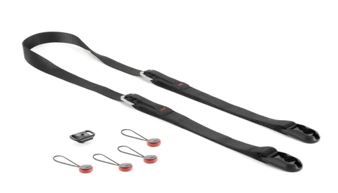 Black camera strap with adjustment mechanisms and four red connector loops displayed on white background.