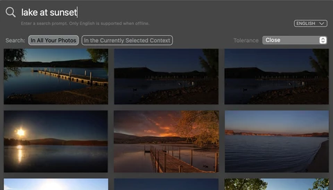 Screenshot of a photo search interface displaying search results for "lake at sunset" with multiple landscape photographs arranged in a grid.