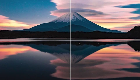 Mount Fuji reflected in still lake water at sunset, divided into four compositional sections.