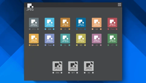 Screenshot showing a grid of JPEG file format variations with different color-coded icons and labels.