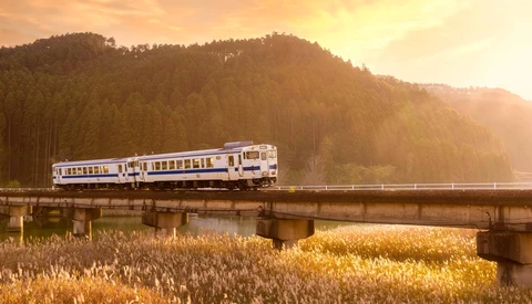 Regional train crossing a concrete bridge over golden grain fields with forested hills at sunset.