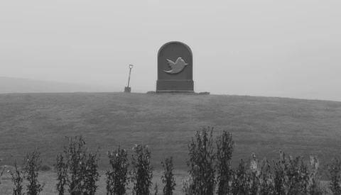 Gravestone with bird relief silhouetted against overcast sky on a hillside.