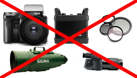 Graphic illustration with red X marks over photography equipment including a camera, filters, lens, and accessories.